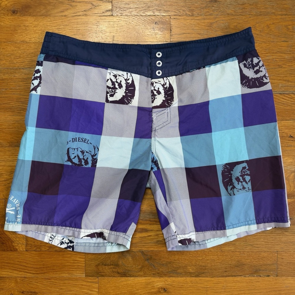 Diesel Men Swim Shorts Large Plaid Blue Navy White Surf Y2K Vintage Beach Italy